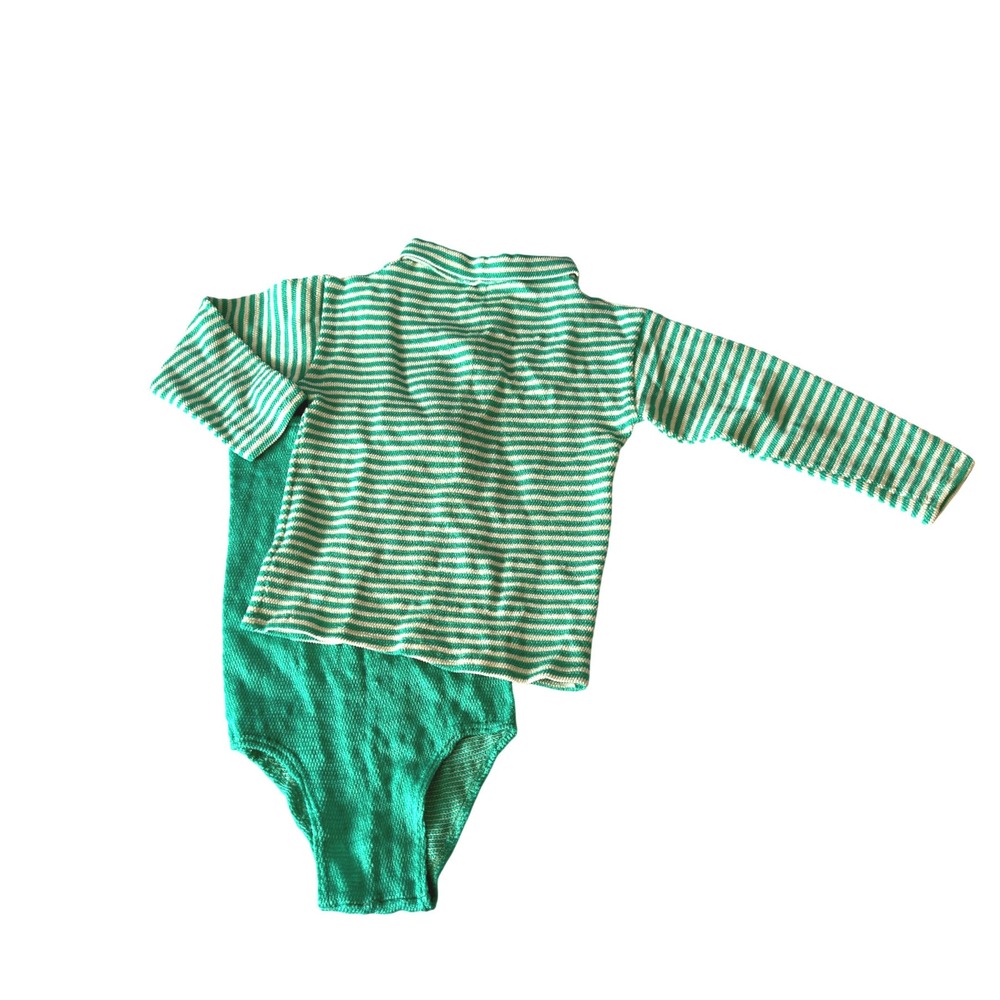 Vtg 60s Loshin's Girls Striped Textured Knit 2 Pc Bodysuit Mock Neck Swim Top